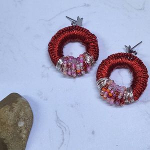 Handmade knitted earrings metallic finish silver plated and glass beads